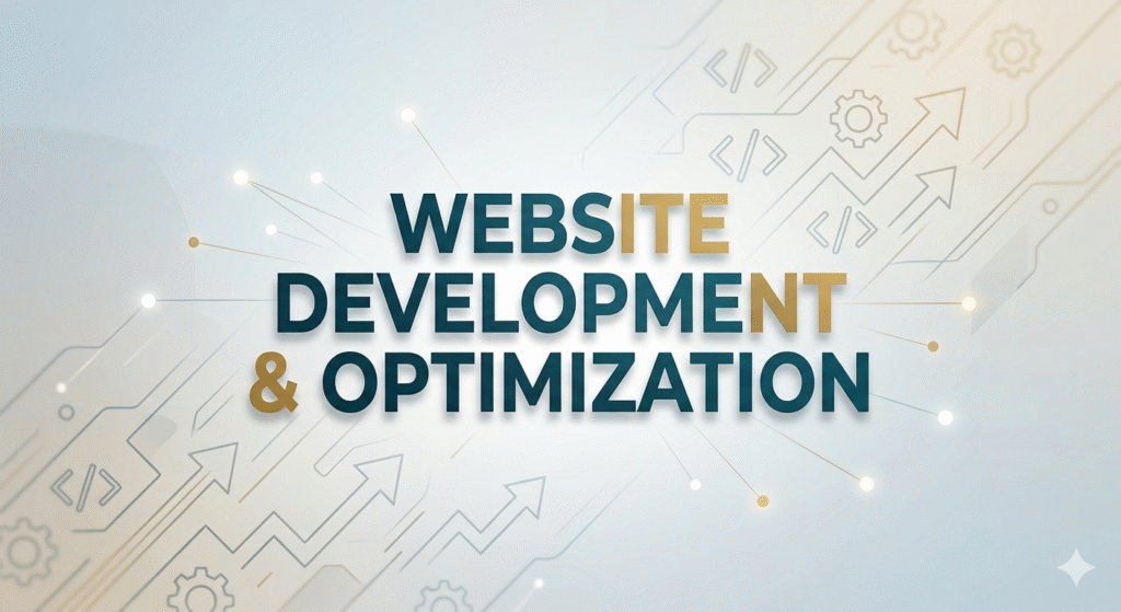 A modern digital illustration for website development and optimization featuring stylized glowing text on a clean, geometric background.